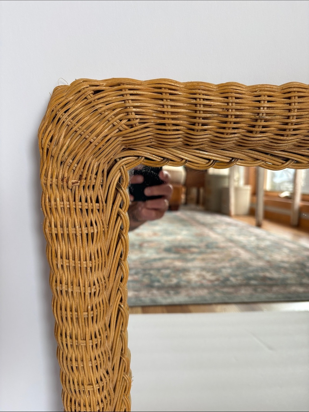 Vintage mid century wall mirror natural woven rattan frame boho coastal mirror - Picture 2 of 16